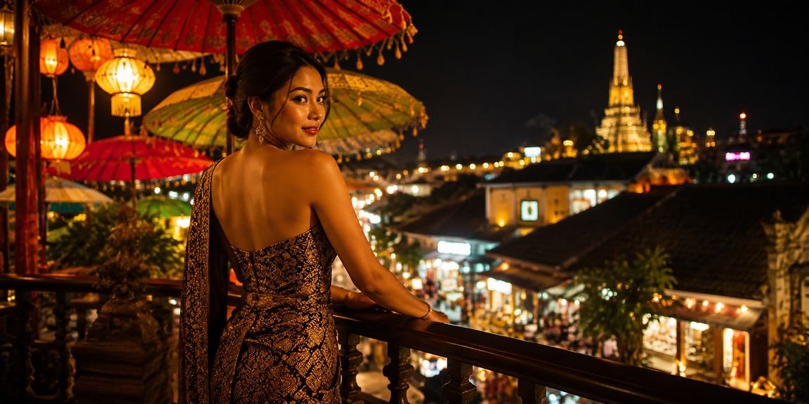 Suasana pasar malam yang ramai dengan layar digital dan aktivitas hiburan malam modern