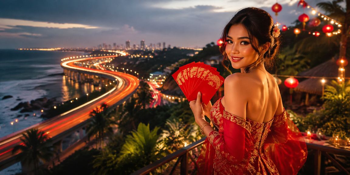 Amplop merah berisi bonus hadiah di tepi pantai sebagai simbol keberuntungan dan kejutan VIP