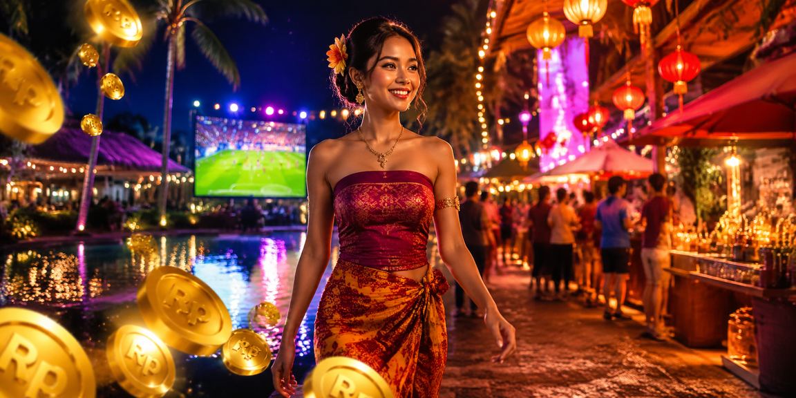 Suasana pasar malam dengan layar besar menampilkan pertandingan olahraga dan odds